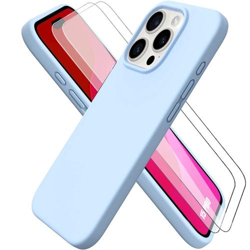 Coque Pour Iphone 15 Pro, Silicone Liquide Bleu Ciel + 2 Verres Trempés Protection D'écran - Booling