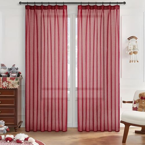 Rideaux Rouges Transparents Avec Bande Fronce Stores 245x140 Cm (Hxl) Lot De 2 Rideaux En Lin Pour Salon, Chambre, Fenêtres De Cuisine