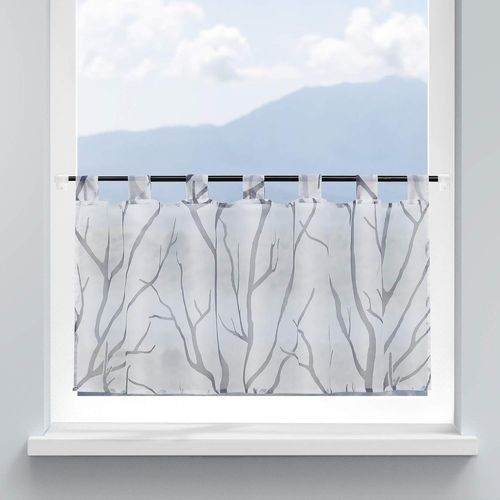 Rideau Brise Bise Transparent À Passants Impression De Branches Voilage De Petite Fenêtre Simple Et Naturel 1 Pièce Blanc Gris H/L 45/120cm