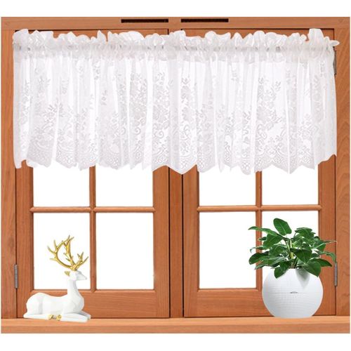 Rideau Brise Bise Cuisine, 130 * 41 Cm Demi-Rideaux Courts En Dentelle Pour Petites Fenêtres, Petit Rideaux Voile Passe Tringle - Idéal Pour Café Cuisine, Salon Et Décoration De Chambre (Blanc)