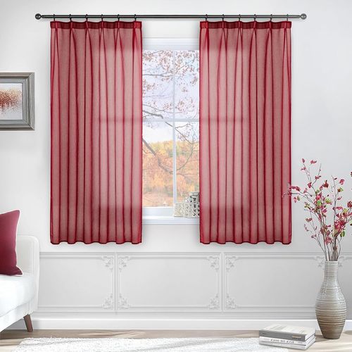 Rideaux Avec Bande Fronce Courts Transparents Pour Salon 145x140 Cm (Hxl) Rideaux Rouges Modernes, Lot De 2 Pour Chambre, Filles, Cuisine, Chambre