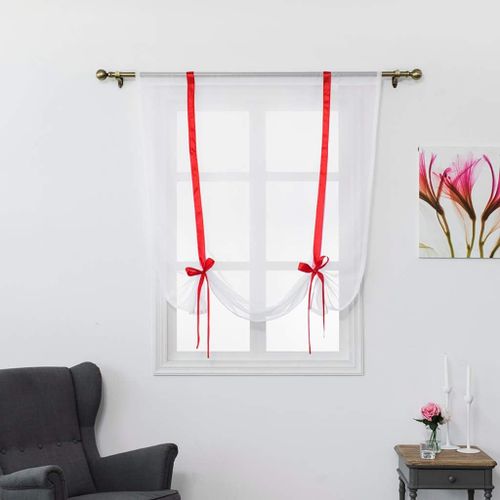 1 Pièce Store Romain Translucide Tulle Rideaux Voilages Vertical Poche De Tige Pour Chambre Cuisine Salon, Rubans Rouge, Largeur 80cm X Hauteur 120cm