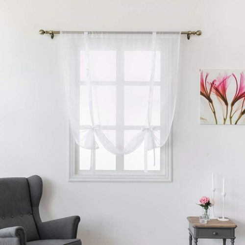 1 Pièce Store Romain Translucide Tulle Rideaux Voilages Vertical Poche De Tige Pour Chambre Cuisine Salon, Rubans Blanc, Largeur 80cm X Hauteur 120cm