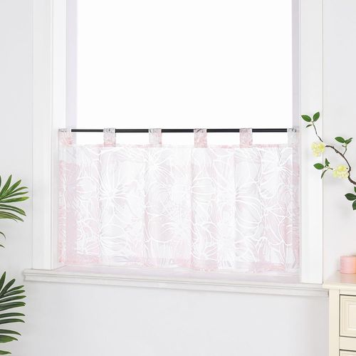Rideau Brise Bise Rideaux Cuisine Voilge avec Passants Motif de Fleurs Rose HxL 60x145cm