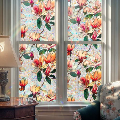 Film Fenetre Anti Regard Effet Arc-en-Ciel 43 x 100cm, Film Electrostatique Vitre Motif de Fleur de Magnolia Non Adhesif Anti UV Vitrail Décoratif Brise Vue Fenetre pour Chambre Cuisine