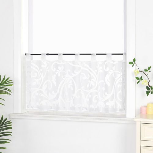 Rideau Brise Bise Rideaux Cuisine Voilge avec Passants Motif de Fleurs Blanc HxL 60x120cm