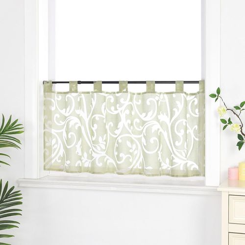 Rideau Brise Bise Rideaux Cuisine Voilge avec Passants Motif de Fleurs Vert HxL 60x90cm