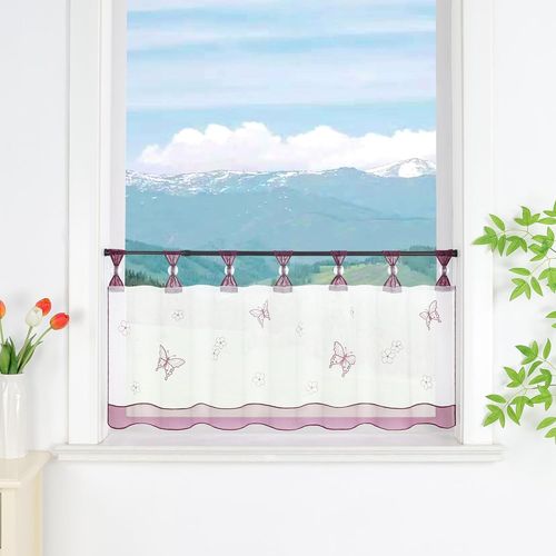 Rideau brise-bise en voile avec passants pour cuisine - Motif papillons - Transparent - 140 x 60 cm - Violet