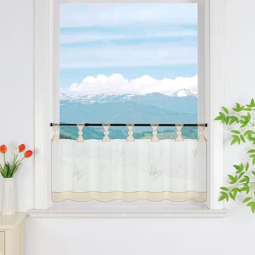 Rideau brise-bise en voile avec passants pour cuisine - Broderie papillon - Transparent - 90 x 45 cm - Sable