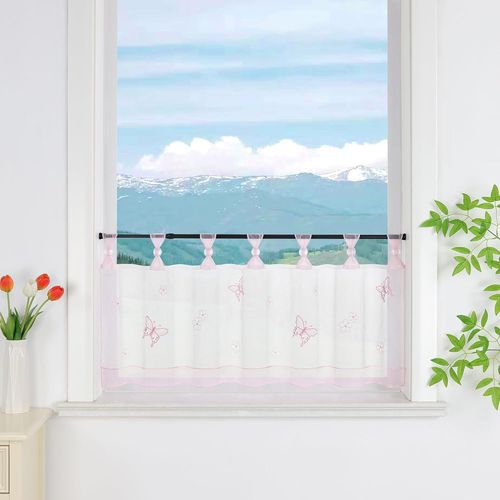 Rideau brise-bise en voile avec passants pour cuisine - Motif papillons - Transparent - 120 x 30 cm - Rose