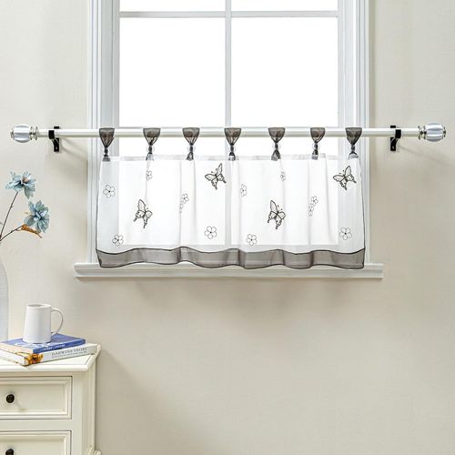 Rideau brise-bise en voile avec passants pour cuisine - Motif papillons - Transparent - 120 x 45 cm - Gris