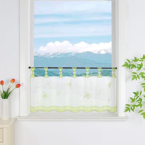 Rideau brise-bise en voile avec passants pour cuisine - Motif papillons - Transparent - 90 x 45 cm - Vert