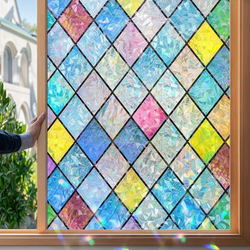 Vitrail Film Fenetre Anti Regard Effet Arc-en-Ciel 44.3 x 100cm Motif en Losanges Film Electrostatique Vitre Non Adhesif Décoratif Anti UV Brise Vue Fenetre pour Chambre Cuisine