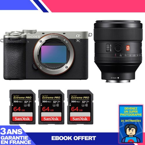 Boitier Sony A7C II Silver + FE 85mm f/1.4 GM + 3 SanDisk 64GB Extreme PRO UHS-II SDXC 300 MB/s + Ebook 'Devenez Un Super Photographe'