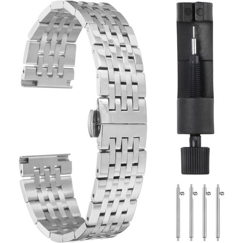Kal-Bracelets De Montre En Acier Inoxydable 19mm Double Pression Fermoir Papillon En Métal, Chaîne En Acier Massif, Bracelet De Rechange Avec Extrémités Incurvées, Ton Argenté