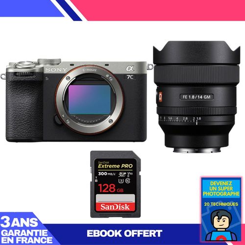 Boitier Sony A7C II Silver + FE 14mm f/1.8 GM + 1 SanDisk 128GB Extreme PRO UHS-II SDXC 300 MB/s + Ebook 'Devenez Un Super Photographe'