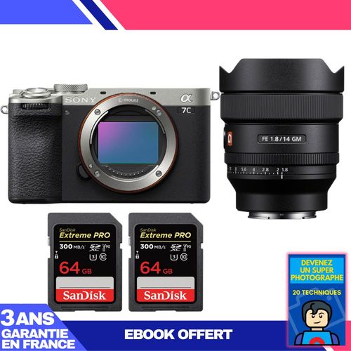 Boitier Sony A7C II Silver + FE 14mm f/1.8 GM + 2 SanDisk 64GB Extreme PRO UHS-II SDXC 300 MB/s + Ebook 'Devenez Un Super Photographe'