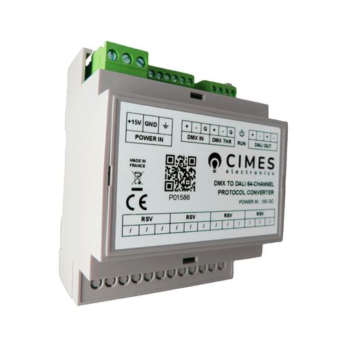 Convertisseur de protocole DMX vers DALI 64 circuits / 16 groupes / 1 broadcast - Alimentation 15V CC - Connexions sur bornes - Montage sur rail DIN