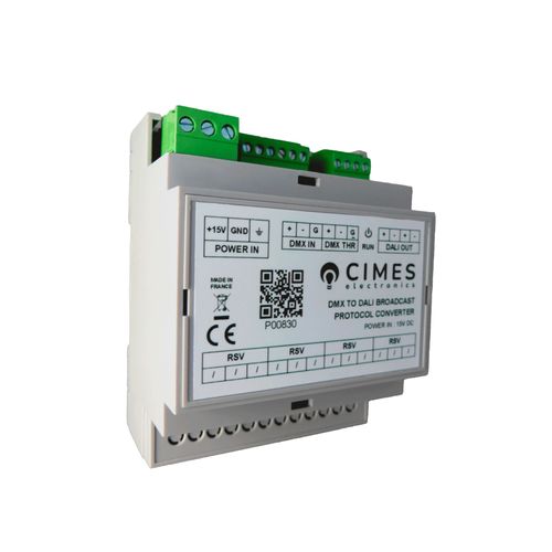 Convertisseur de protocole DMX vers DALI broadcast - Alimentation 15V CC - Connexions sur bornes - Montage rail DIN
