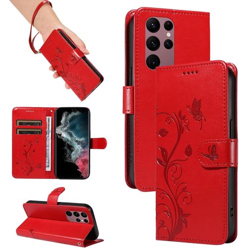 Coque Pour Samsung Galaxy S23 Ultra, Housse Etui Portefeuille Cuir Pu Multifonction, Magnétique Étui De Protection Compatible Avec Galaxy S23 Ultra, Rouge[Car787591]