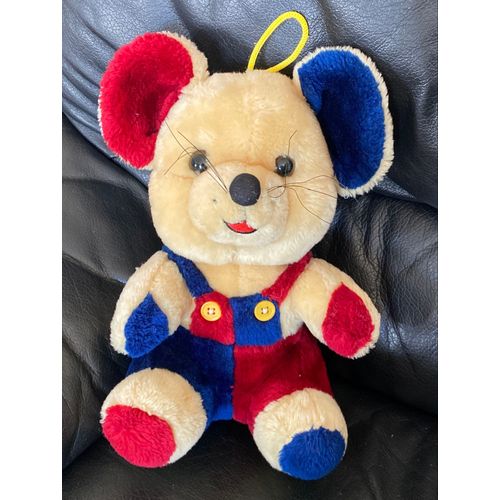 Peluche souris bleu rouge et jaune van de walle vintage 30cm