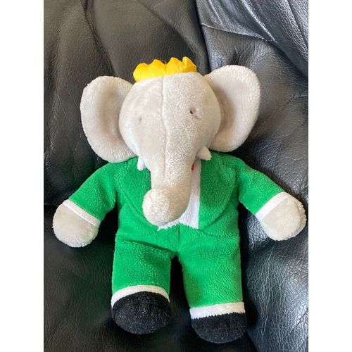 Doudou peluche éléphant vert et blanc 22cm vintage