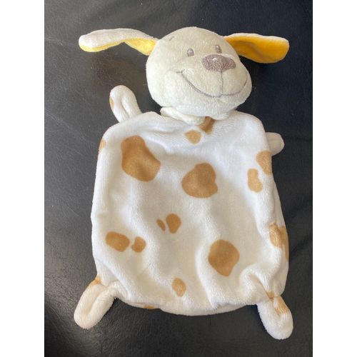 DOUDOU PLAT SIMBA NICOTOY CHIEN blanc oreille jaune tâche marron beige 20cm