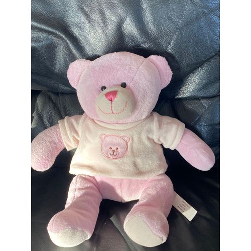 Doudou peluche ours rose t-shirt blanc tête d ours animal alley 42cm