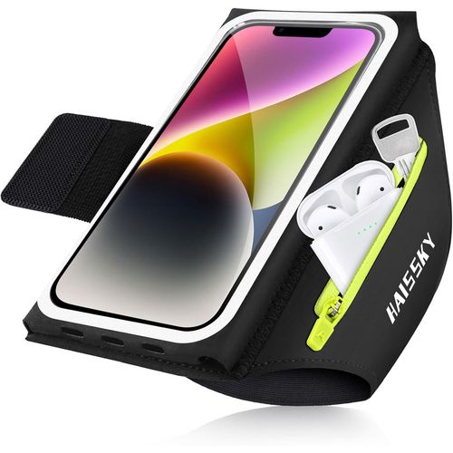 Brassard Telephone Sport Avec Fixations Élastiques Pliables, Porte Telephone Course A Pied Pour Sport, Brassard Running Pour Iphone 16 Pro Max Galaxy S25 Ultra (Noir + Vert)[Car784032]