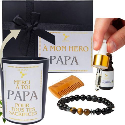 Grand Coffret Cadeau Fête Des Pères - Soins Naturels Pour Homme - Idée Cadeau Papa - Produits Artisanaux Parfum Français : Bougie Parfumée + Bracelet Diffuseur Huile Essentielle +Peigne Barbe En Bois