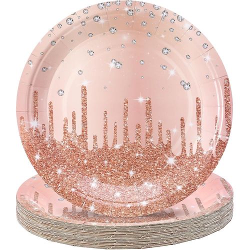 Lot De 20 Assiettes Jetables En Carton - Or Rose - 17,8 Cm - Rondes - Pour Fête D'anniversaire - Pour Mariage, Anniversaire D'enfant