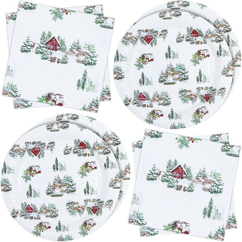 Vaisselle De Fête De Noël, Assiettes En Papier Serviettes Jetables Lot De 40 Neige Hivernale Vaisselle Set Christmas Décorations De Table De Fête