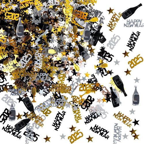 Confettis Décoration de table Happy New Year 2025 - 1000 confettis dorés et noirs - Décoration de table Happy New Year - Décoration de table pour le Nouvel An