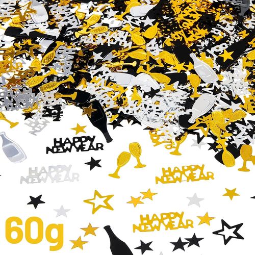 Confettis noirs argentés et dorés pour tables « Happy New Year » - Confettis pour le Nouvel An - Décoration de table en plastique - Fournitures de fête pour anniversaire, vacances, décoration de fête