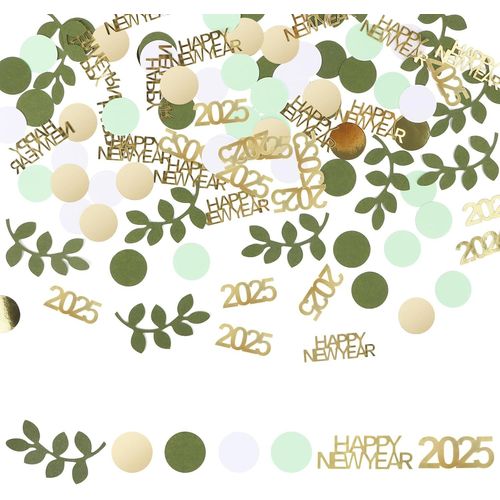 Lot de 200 Confettis Décoratifs du Nouvel An 2025 - Vert et Doré - Happy New Year - Décoration de Table