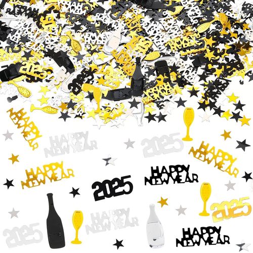 Confettis Noir Or Argent et Bonne Année pour la Décoration Table Fête du Nouvel An - Fournitures en Plastique, Accessoires Déco pour les Faveurs