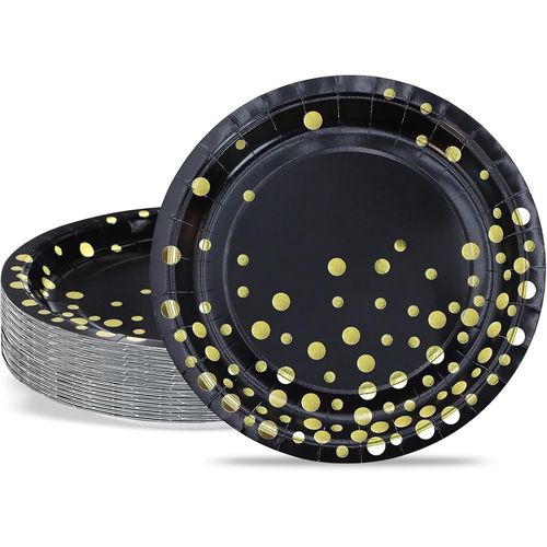 Assiettes À Dessert 18cm Paillettes Dorées Assiettes En Carton Jetables Noir Assiette En Papier 50 Pièces Vaisselle Jetable Pour Baptême, Anniversaire, Mariage