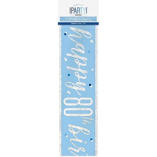 Prismatic 80th Birthday Foil Banner, 108"" | Blue | 1 Pc. Banderole De 80e Anniversaire - 2.74 M - Fête À Thème Glitz Bleu Et Argent - 1 Pièce (Lot De 1), 83485, Age 80