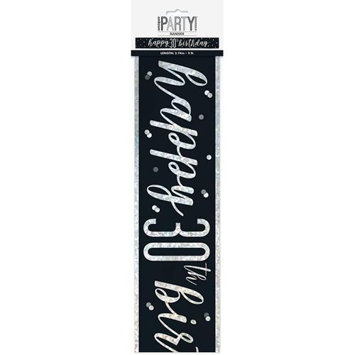 Prismatic 30th Birthday Foil Banner, 108"" | Black | 1 Pc. Banderole de 30e Anniversaire - 2.74 m - Fête à thème Glitz Noir et Argent - 1 Pièce (Lot de 1), 83467, âge 30
