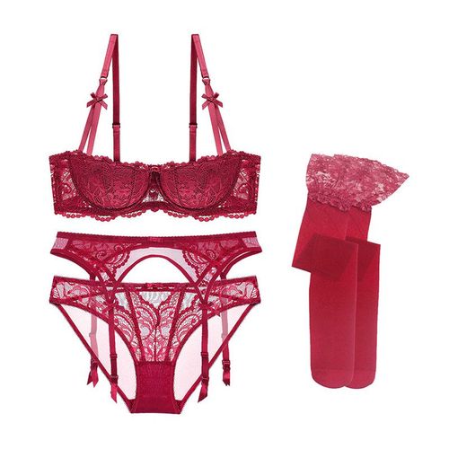 Varsbaby-Ensemble De Lingerie En Dentelle Pour Femmes,Soutien-Gorge Demi-Tasse,Culotte,Jarretière,Bas Pour Filles Douces,Sous-Vêtement Chester,Tenue De Nuit Sexy,4 Pièces