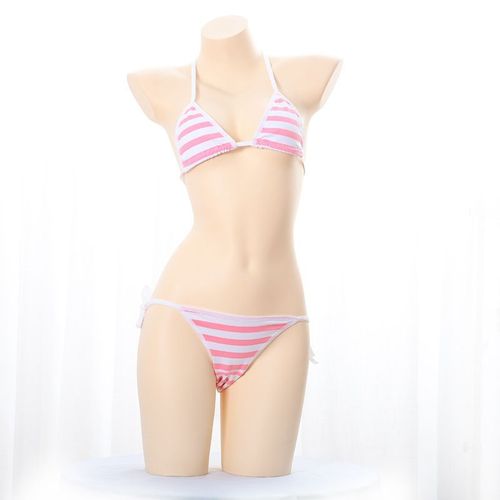 Lingerie Japonaise Sexy Lolita Kawaii,Mini Bikini Rayé Bleu Rose Blanc,Costumes Érotiques Cosplay Pour Adultes,Soutien-Gorge,Ensemble De Sous-Vêtements Pour Femmes