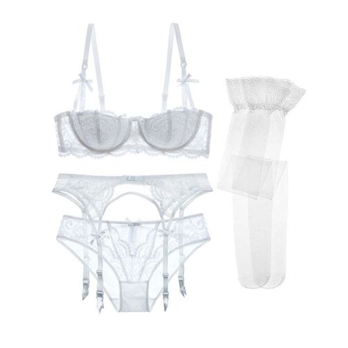 Varsbaby-Ensemble De Lingerie En Dentelle Pour Femmes,Soutien-Gorge Demi-Tasse,Culotte,Jarretière,Bas Pour Filles Douces,Sous-Vêtement Chester,Tenue De Nuit Sexy,4 Pièces