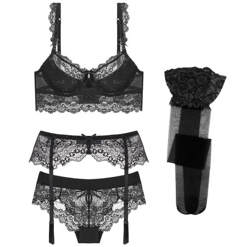 Varsbaby-Ensemble Sexy En Dentelle,Soutien-Gorge,Culotte,Jarretière,Bas,Cadeaux De Noël,4 Pièces