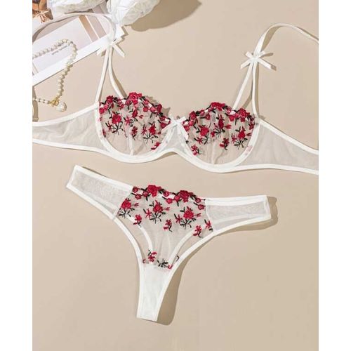 Ensemble Érotique En Dentelle Fantaisie Pour Femme,2 Pièces,Sous-Vêtements Transparents Pour Femmes,Broderie Érotique,Beaux Ensembles Soutien-Gorge Et Culotte