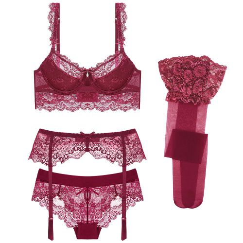 Varsbaby-Ensemble Sexy En Dentelle,Soutien-Gorge,Culotte,Jarretière,Bas,Cadeaux De Noël,4 Pièces