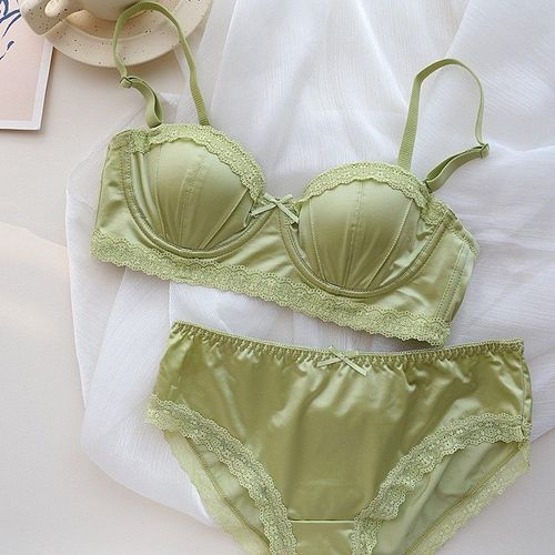 Soutien-Gorge Push-Up À Armatures Pour Femmes Françaises,Lingerie Demi-Tasse À Bord En Dentelle Douce,Bonnet Fin Avec Ensemble De Soutien-Gorge Anti-Affaissement