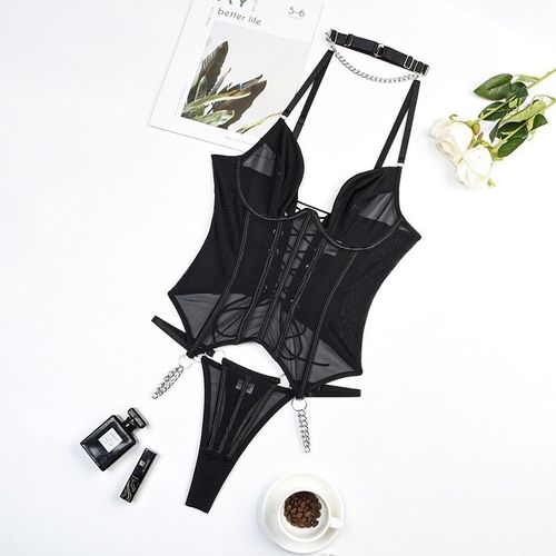 Echonight Corset Fantaisie Lingerie Fitness Ensemble À Lacets Sous-Vêtements Sans Couture 3 Pièces Kit De Soutien-Gorge Push Up Ensembles Exotiques Noir Fin Intime