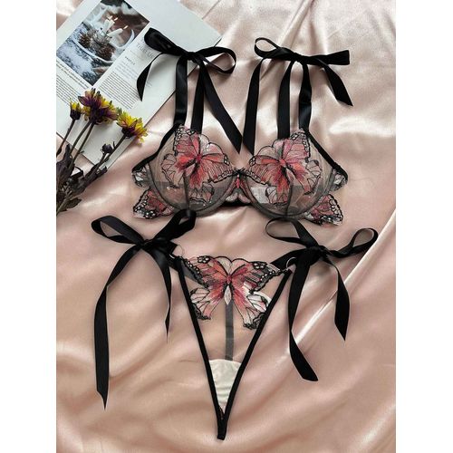 Ensemble De Sous-Vêtements En Maille Transparente Brodée Papillon Pour Femmes,Porte-Jarretelles,Lingerie Sexy Pour Femmes,Vêtements Push-Up Pour Vous