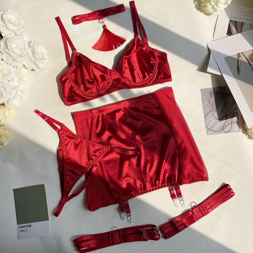 Ensemble De Lingerie Sexy Avec Pompon Ras Du Cou Pour Femmes,5 Pièces,Sous-Vêtements Courts De Club,Kit De Jarretelles
