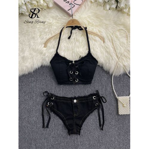 Singreiny Rétro Femmes Bikini Denim Costumes Été Licou Camis + Mini Pantalon Lingerie Mode Vacances Maillots De Bain Sexy Soutien-Gorge Et Slips Ensembles
